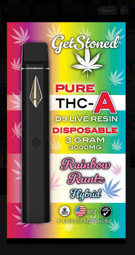 GetStoned Pure THC-A + D9 Live Resin 3 Gram Disposable